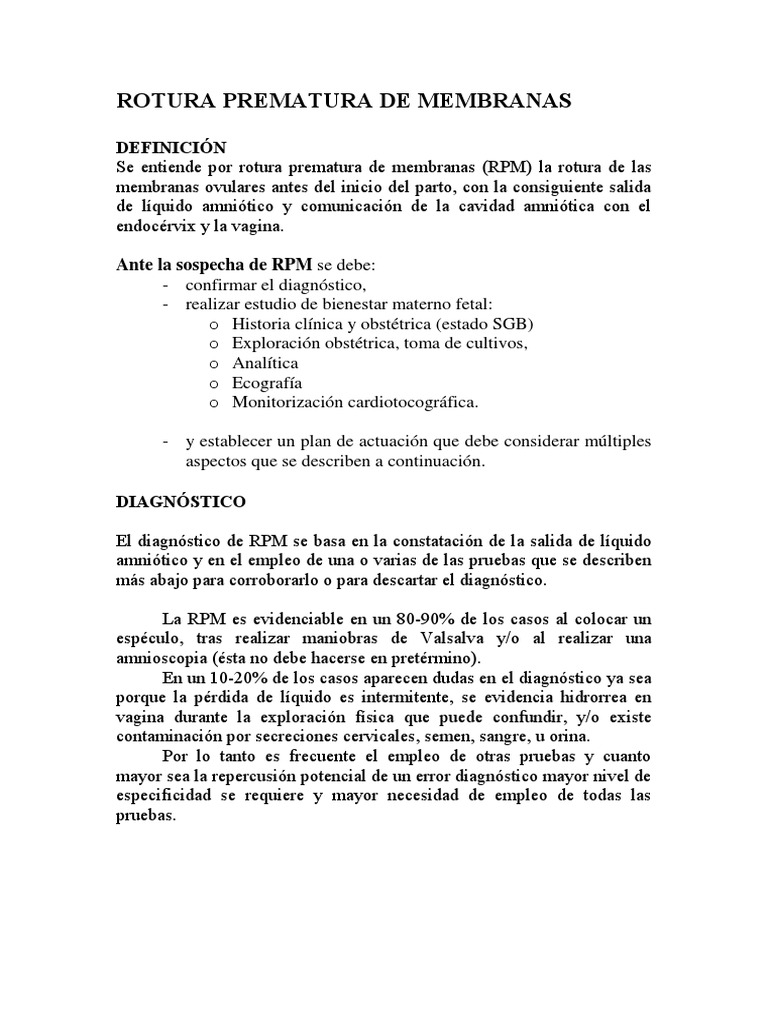 Rotura Prematura de Membranas: Diagnóstico y Manejo | PDF | Parto | El ...