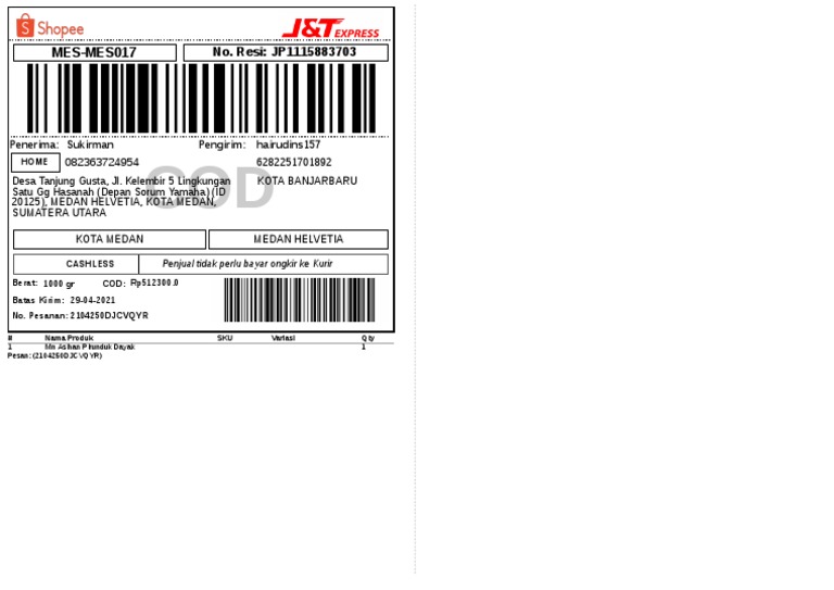 Label Pengiriman Paket COD Medan | PDF