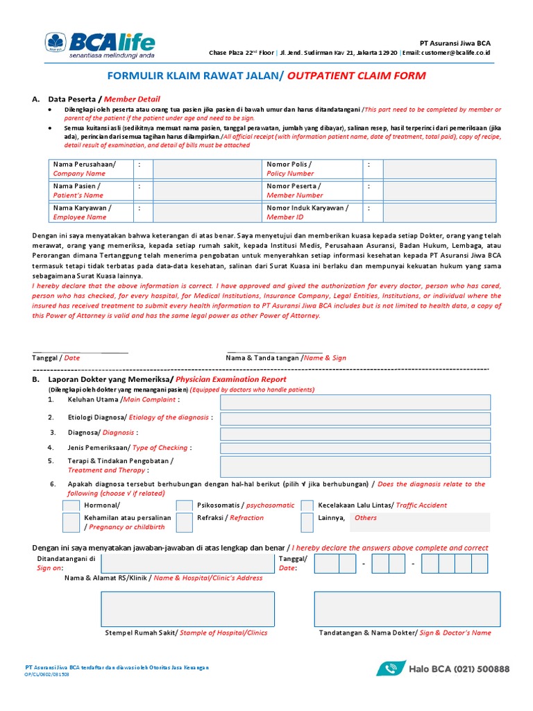 Formulir Klaim Asuransi BCA Life | PDF