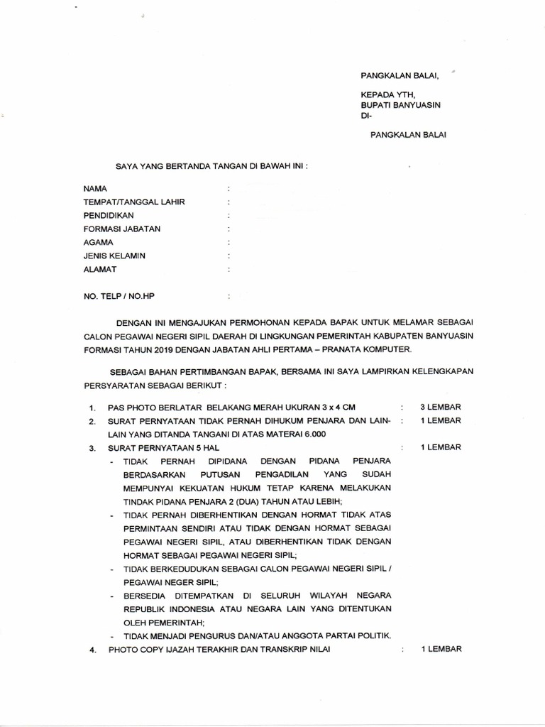 Contoh Surat Lamaran Kab Banyuasin