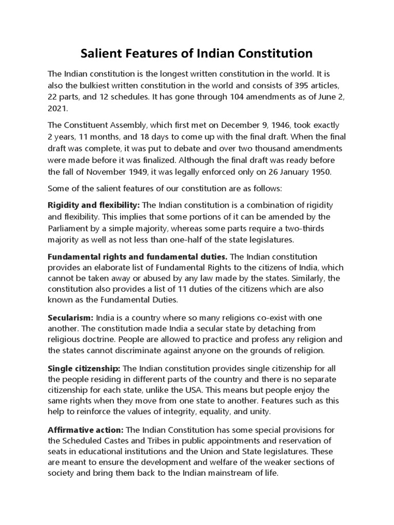 Salient Features of Indian Constitution PDF Judiciaries Constitution