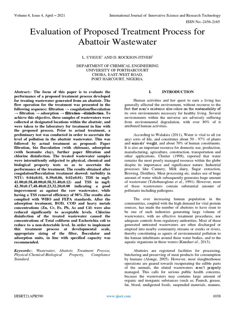 Evaluation of Proposed Treatment Process For Abattoir Wastewater | PDF ...