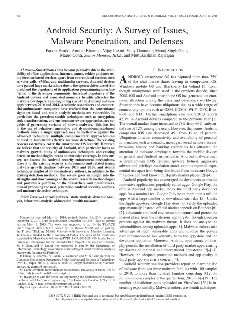 Android Security A Survey of Issues, Malware Penetration, and Defenses ...