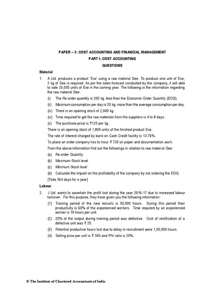 Paper - 3: Cost Accounting and Financial Management Part I: Cost ...
