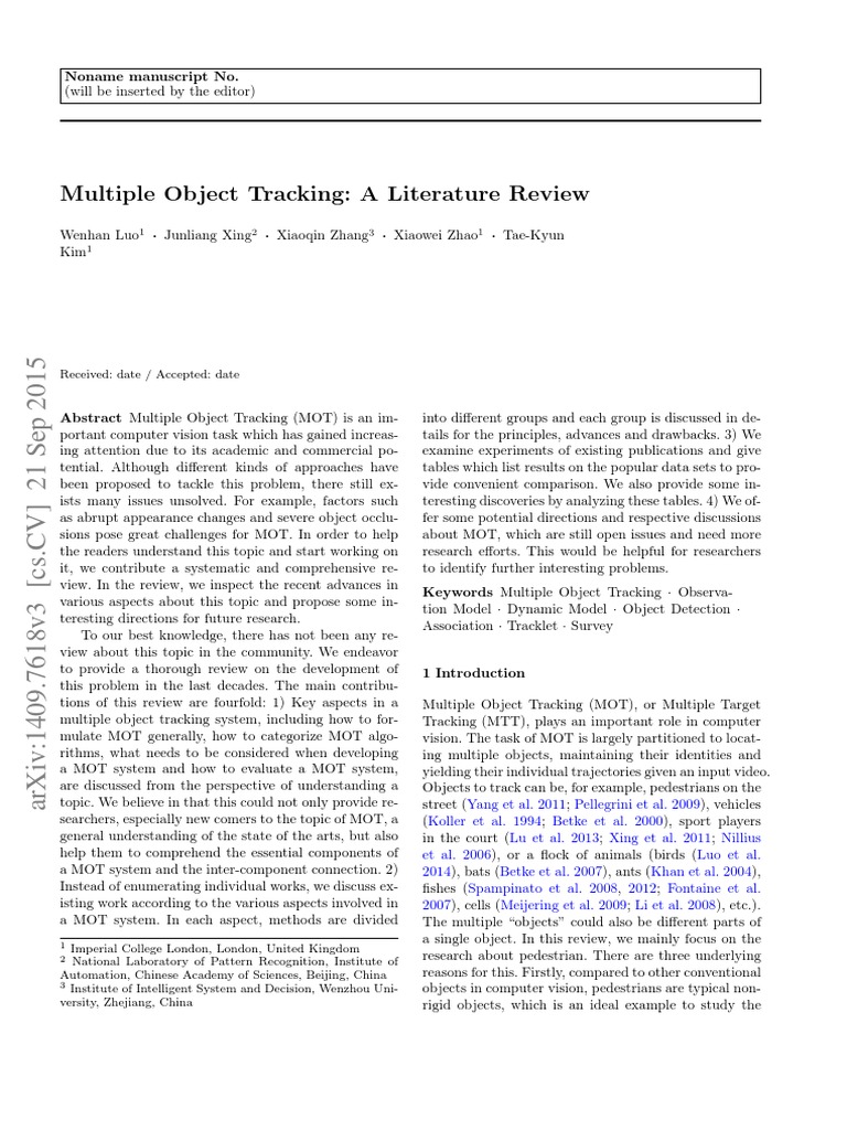 Multiple Object Tracking: A Literature Review | PDF | Human–Computer ...