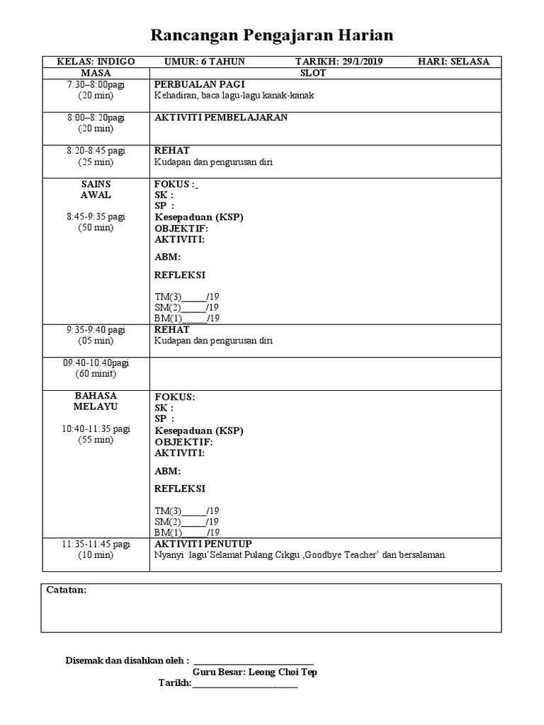 Rancangan Harian Kelas Tadika | PDF