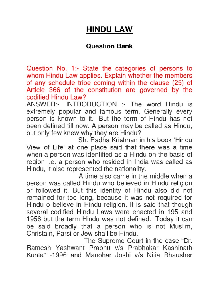 Hindu Law Question Bank PDF Marriage Divorce