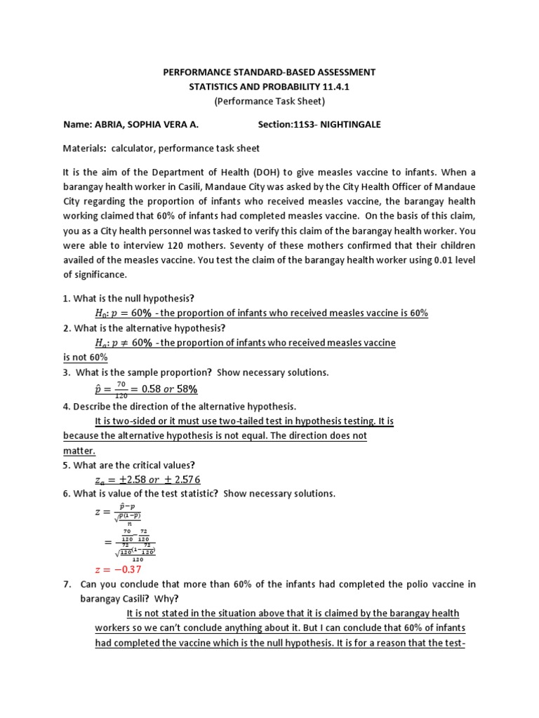 Performance StandardBased Assessment Statistics and Probability 11.4.1