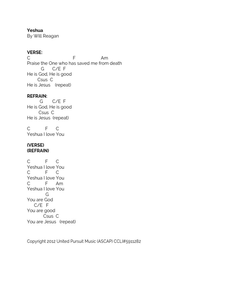 Yeshua (chord chart) Songs Musical Compositions
