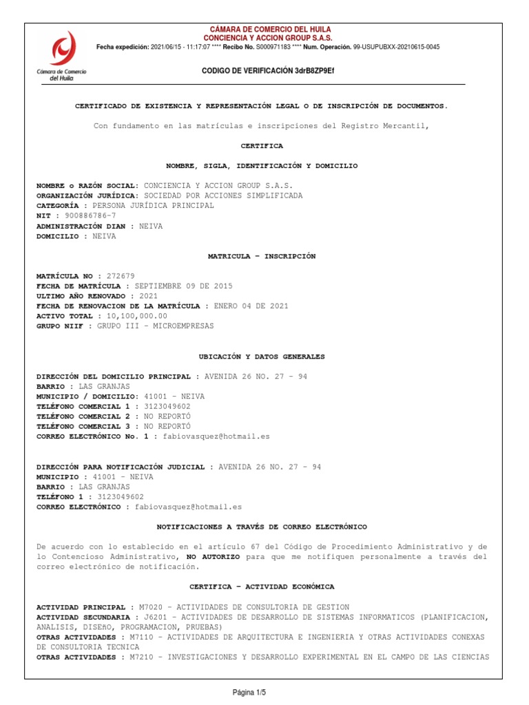 Certificado de Càmara y Comercio Neiva | PDF | Empresas | Cámara de ...