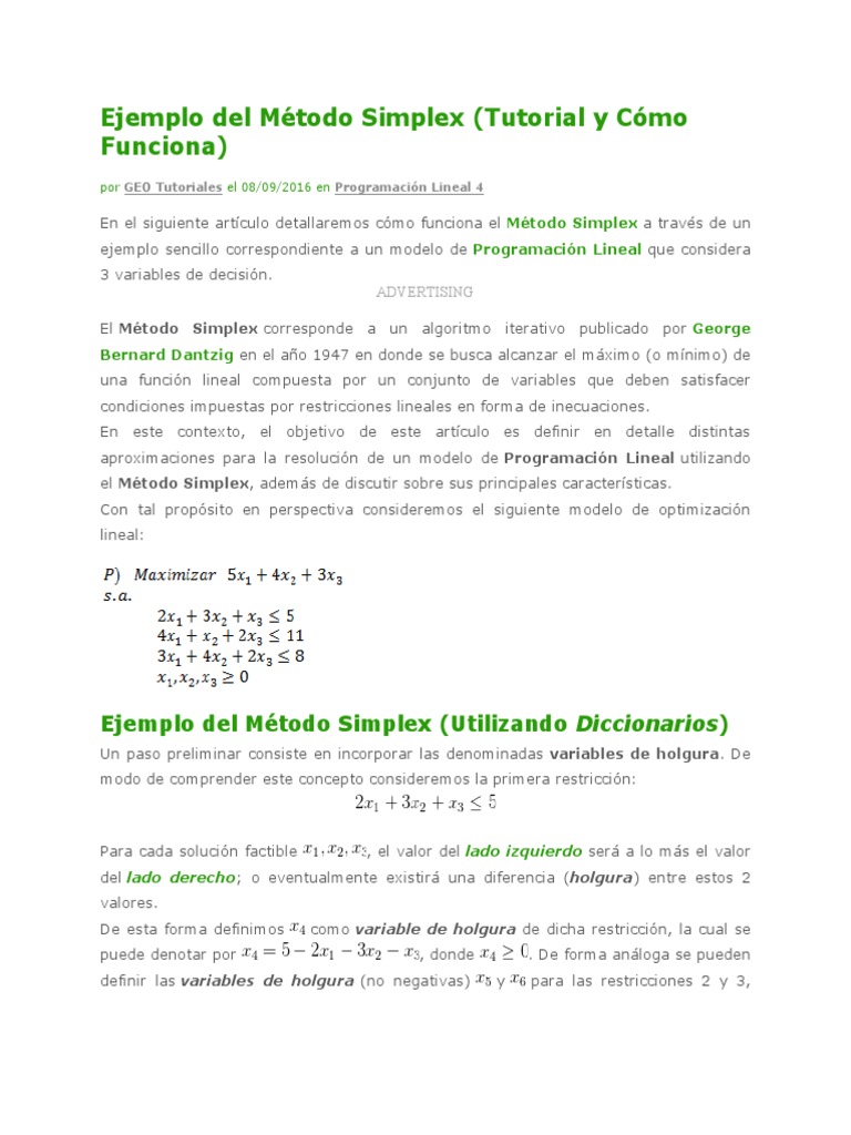Ejemplo del Método Simplex en Optimización | PDF | Programación lineal ...