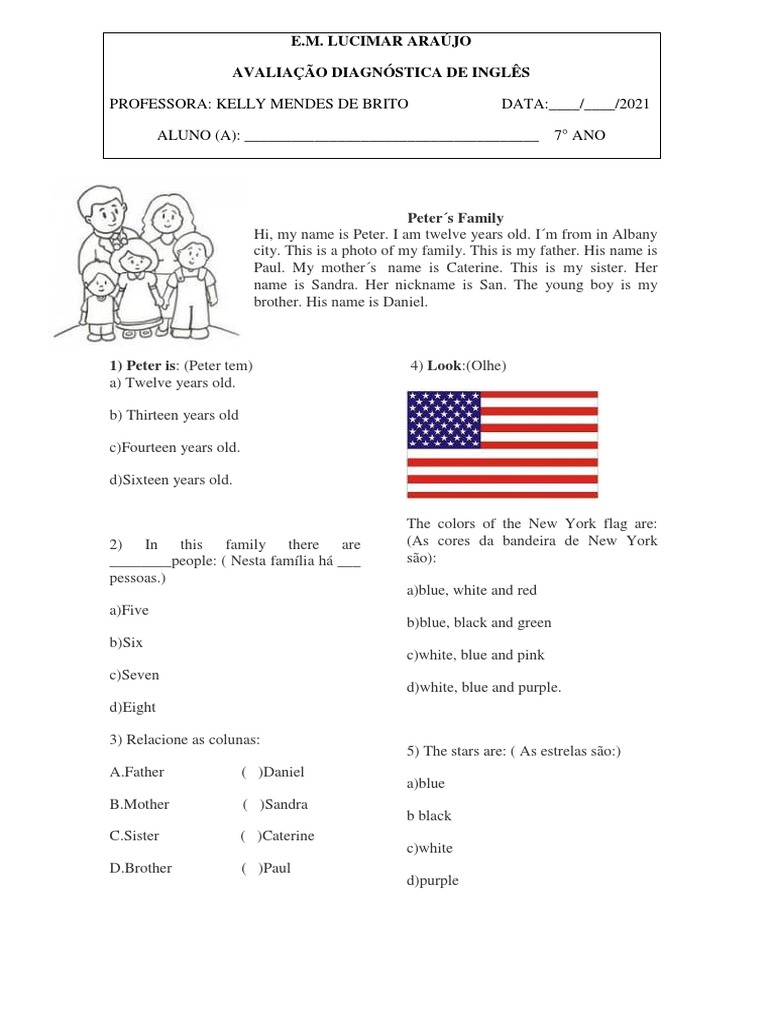 Avaliação Diagnóstica Inglês 7 Ano | PDF