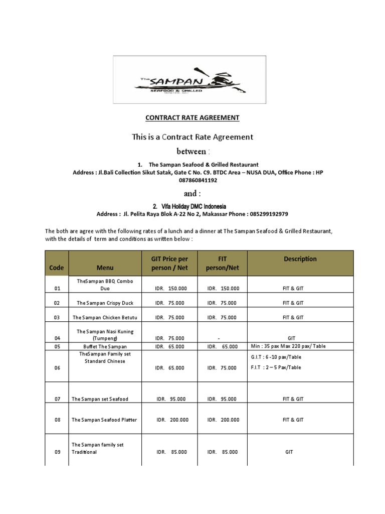 Contract Rate Agreement for Vifa Holiday | PDF | Food And Drink ...