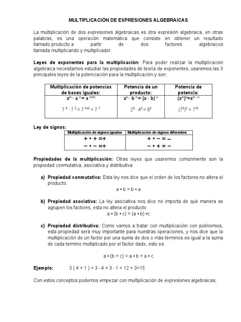 Multiplicación de Expresiones Algebraicas | PDF | Multiplicación ...