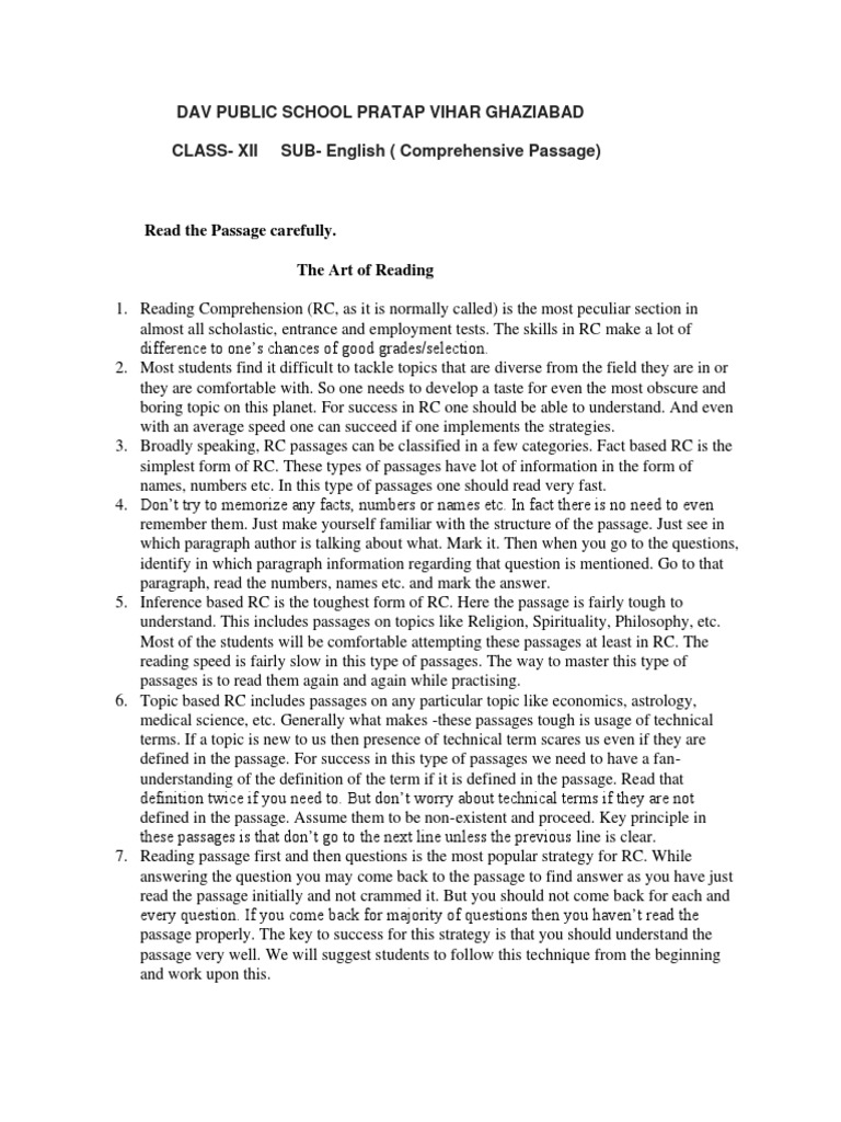 CLASS-XII SUB - English (Comprehensive Passage) : Dav Public School ...