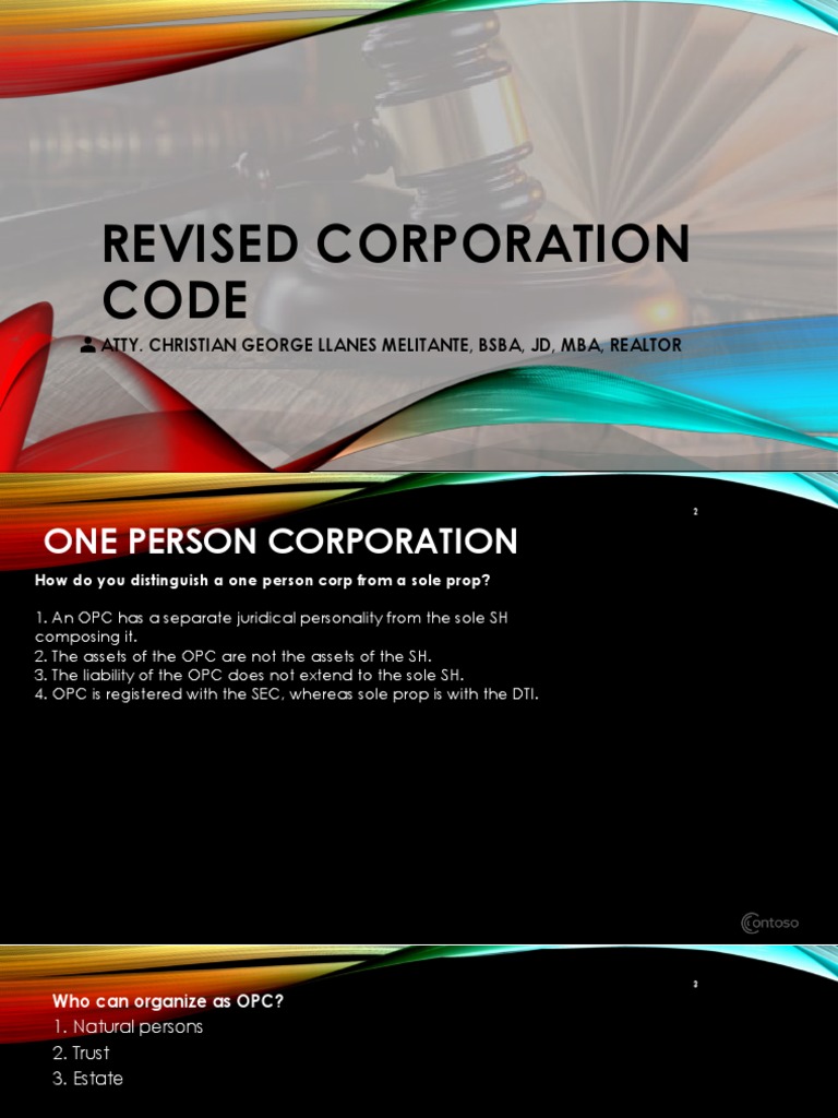 Revised Corporation Code - One Person Corporation and Foeign ...