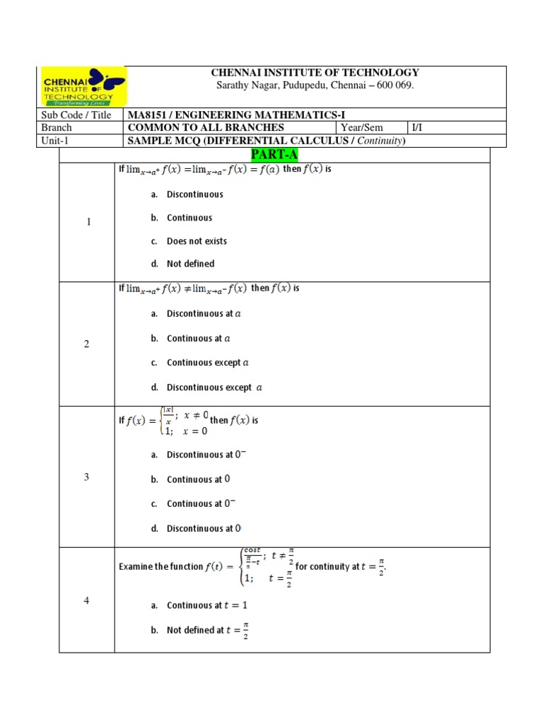 Part-A: Chennai Institute of Technology | PDF | Continuous Function ...