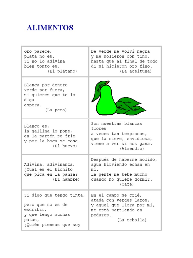 Adivinanzas sobre alimentos para niños | PDF