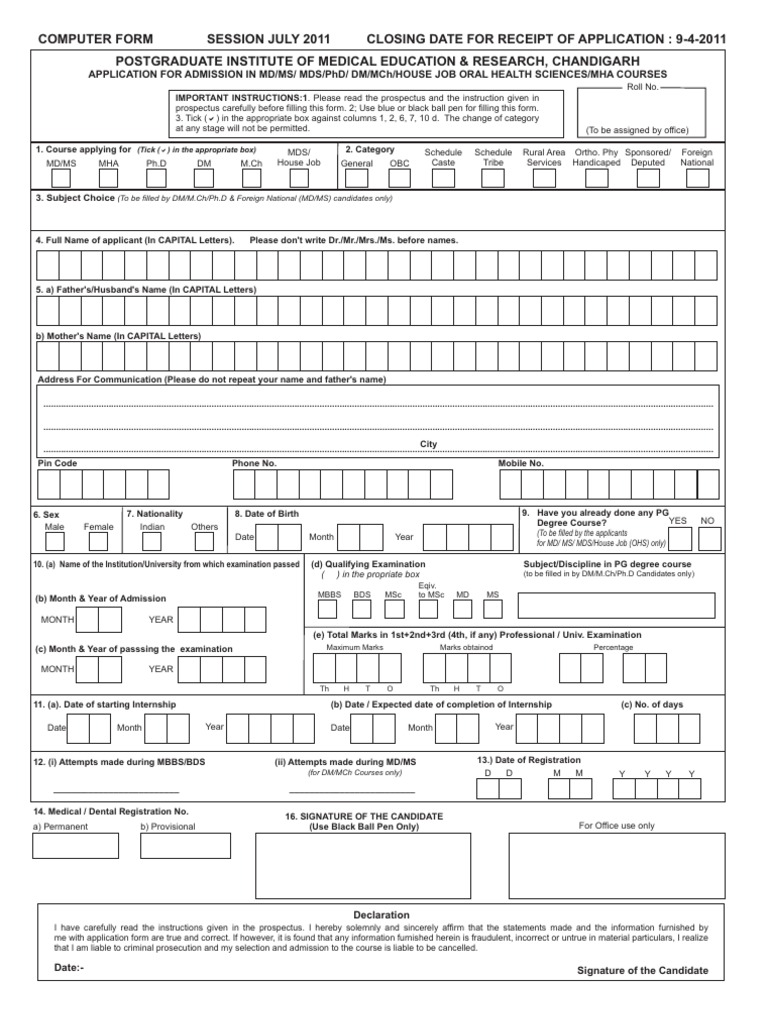 PGI Admission Application Form | PDF | Doctor Of Medicine | Dental Degree