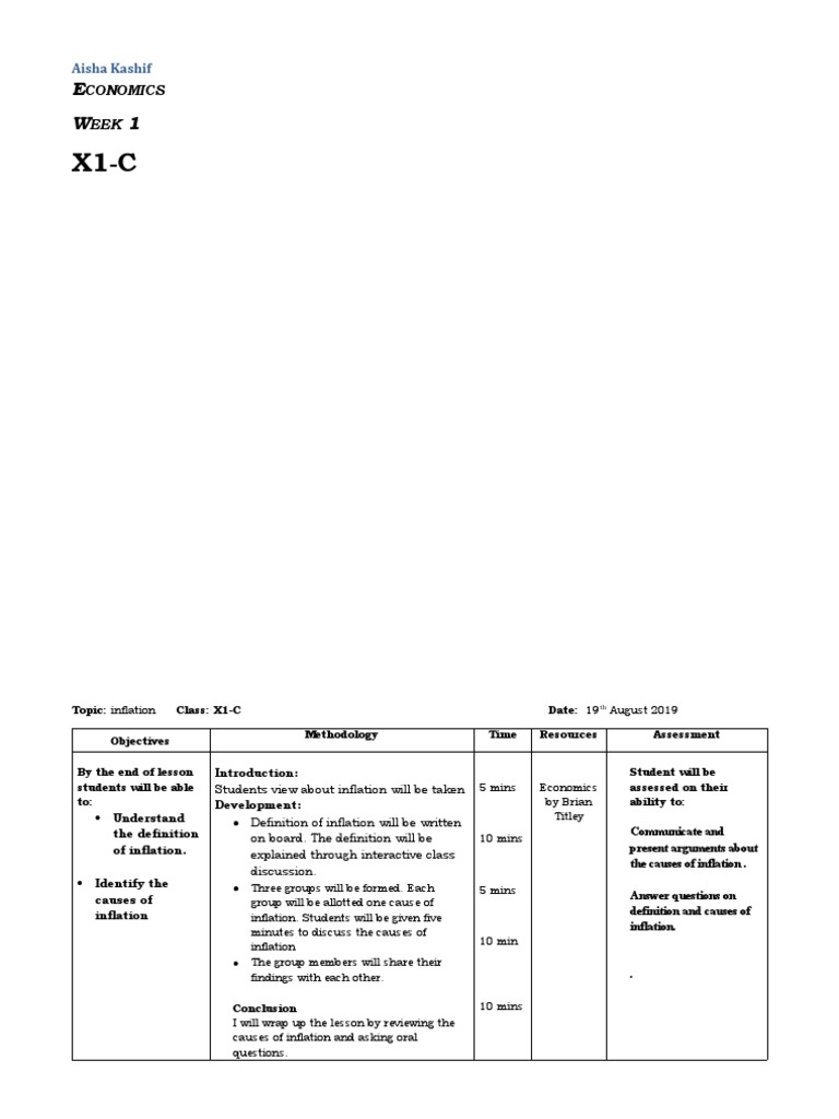 Lesson Plan Inflation Pdf Lesson Plan Critical Thinking