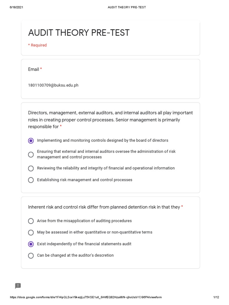 Audit Theory Pre-Test: Understanding Key Audit Concepts | PDF ...