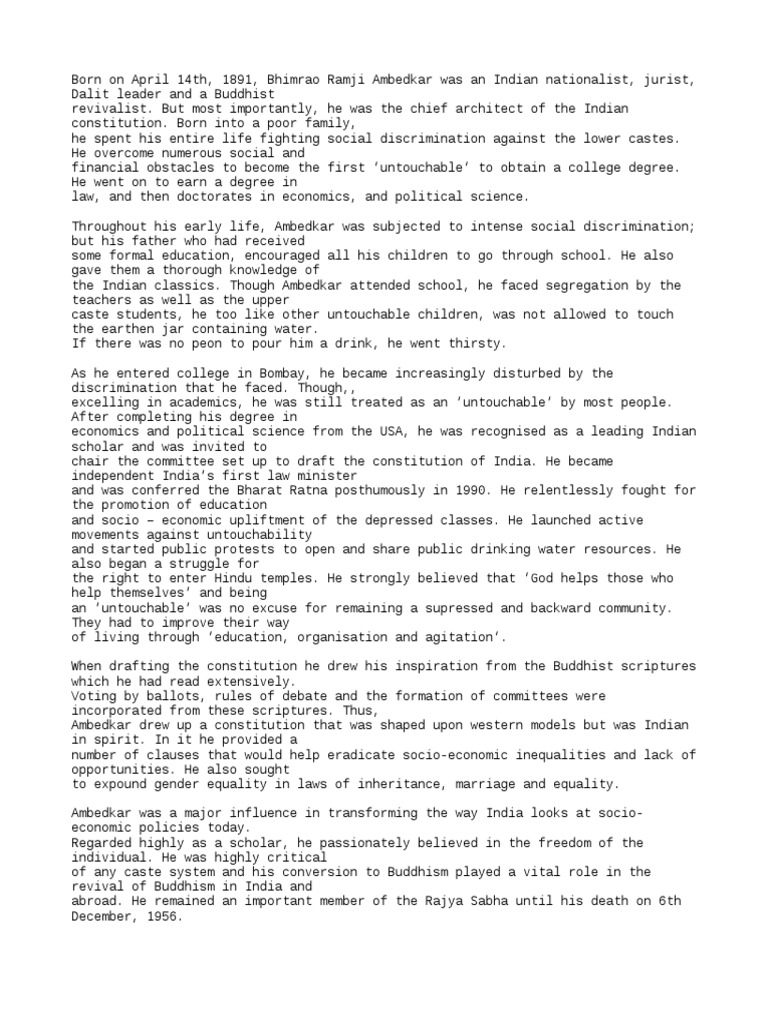 Essay in Dr. BR Ambedkar | PDF | Dalit | Religion And Belief