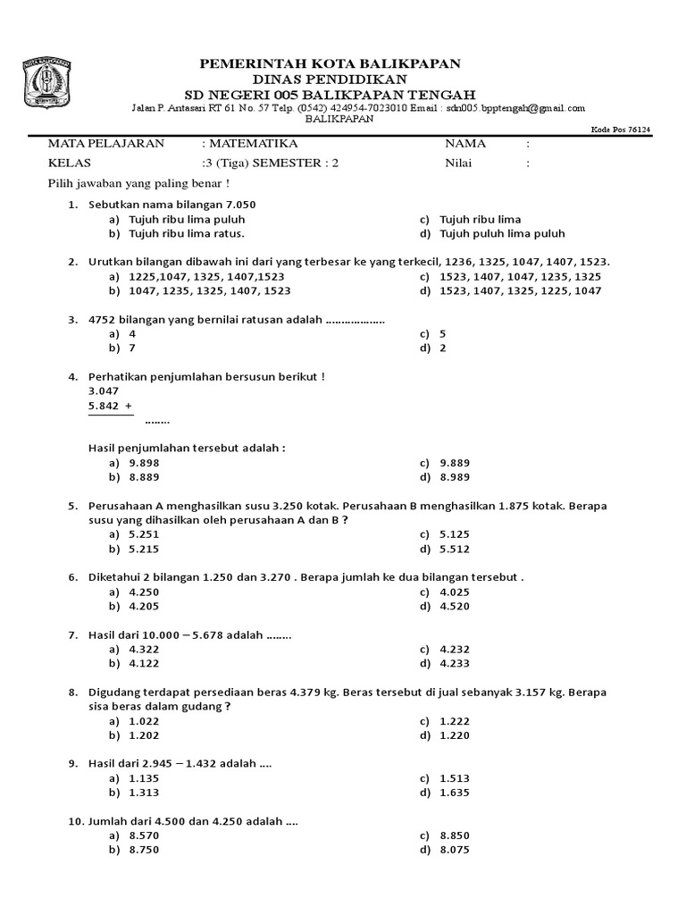 Soal Matematika Kelas 3 SD Semester 2 | PDF | Metode & Bahan Ajar