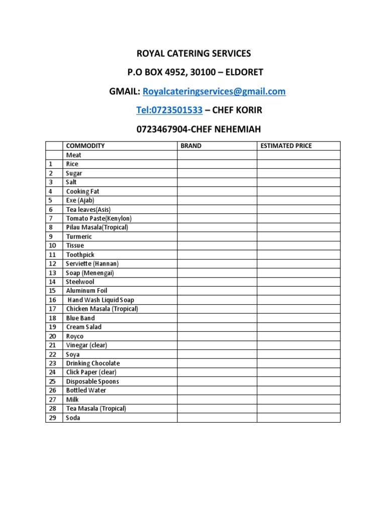 Royal Catering Services P.O BOX 4952, 30100 ELDORET Gmail Chef
