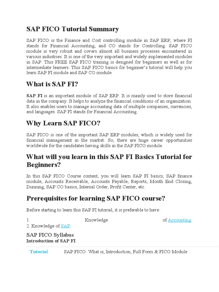 SAP FICO Tutorial Summary: SAP FI Is An Important Module of SAP ERP. It ...