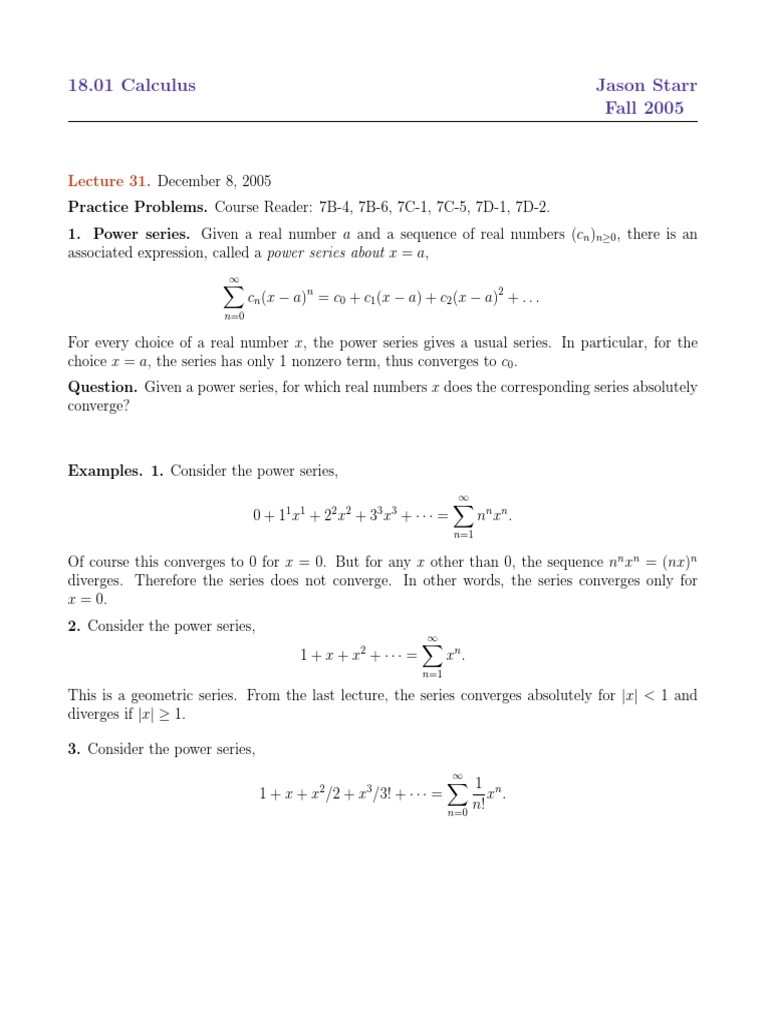4 - Power Series - Practice Problem | PDF | Power Series | Analytic ...