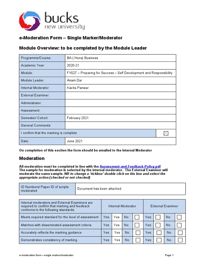 BA Business e-Moderation Form | PDF | Sampling (Statistics) | Cognition