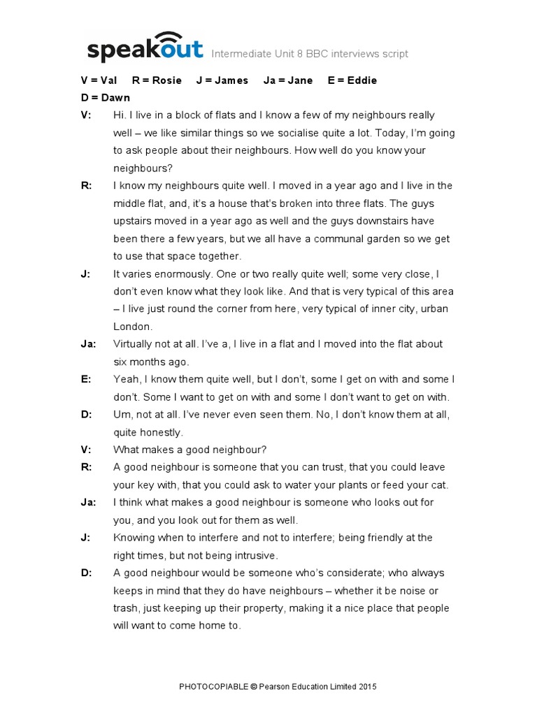 Intermediate Unit 8 BBC Interviews Script: PHOTOCOPIABLE © Pearson ...
