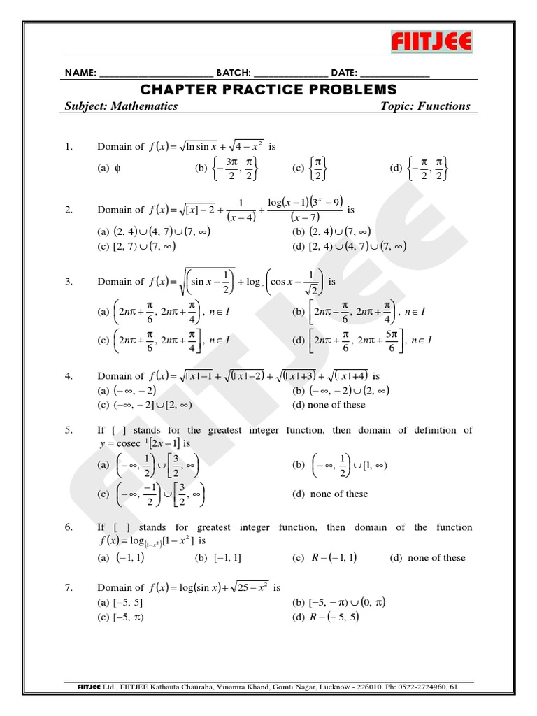 Mathematics Functions Practice Problems | PDF | Function (Mathematics ...