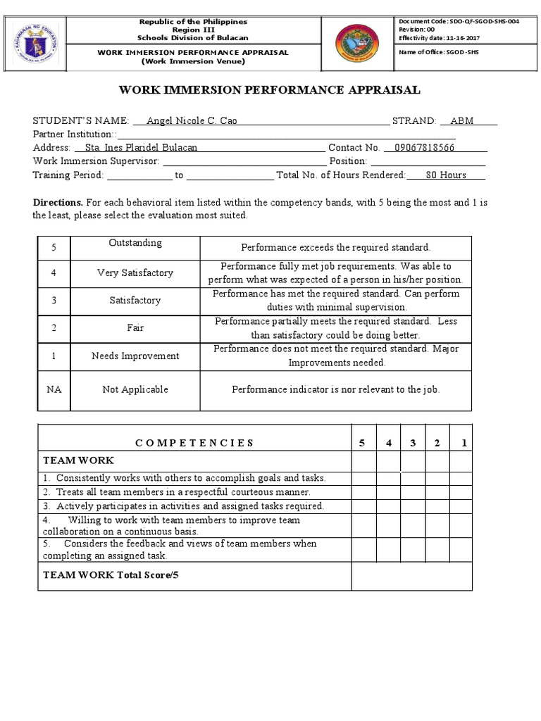 Bulacan Work Immersion Appraisal Form | PDF | Performance Appraisal ...