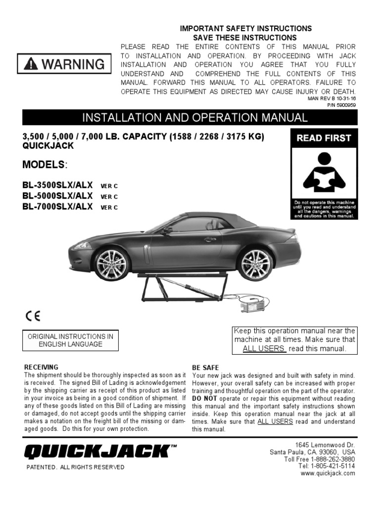 Quickjack Installation and Operation Manual PDF Valve Safety