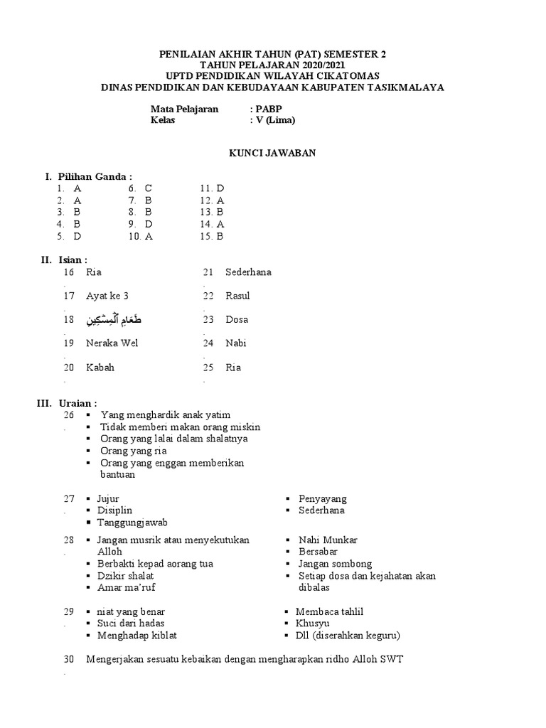 Kunci Jawaban Pat Pabp Kelas 5 2020 2021 Pdf