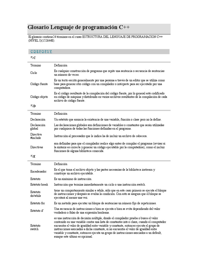 Glosario de Términos en C++ | PDF | Compilador | Programación de ...
