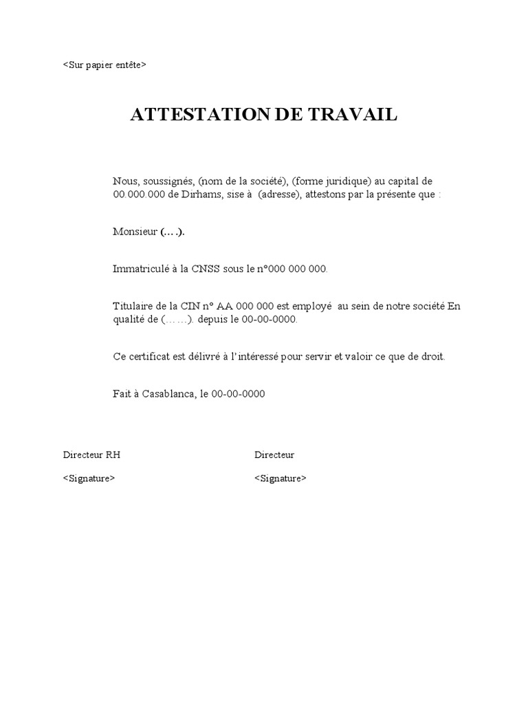 Attestation De Travail De L39employeur Modele De Lettre Type