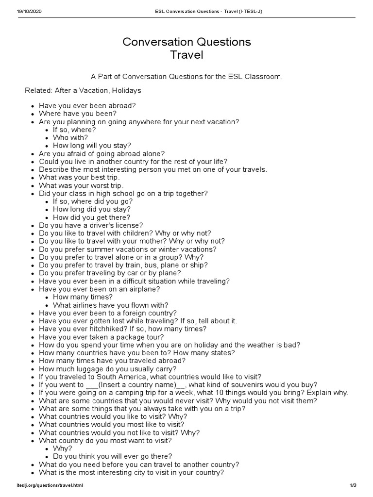 ESL Conversation Questions Travel (ITESLJ) PDF Vacation Tourism