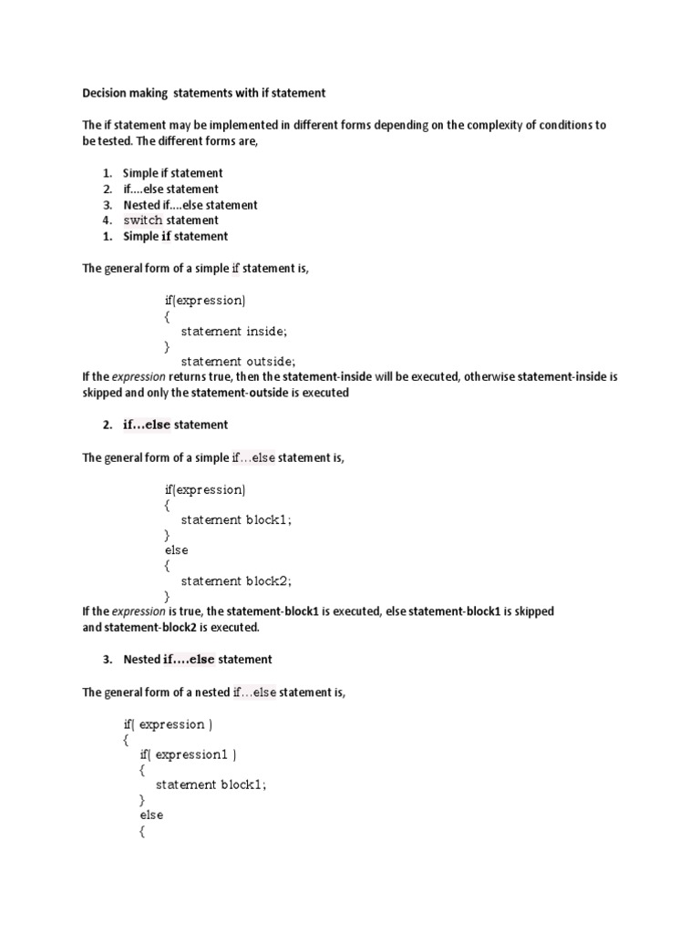 Decision Making Statements | PDF | Computer Programming | Software ...