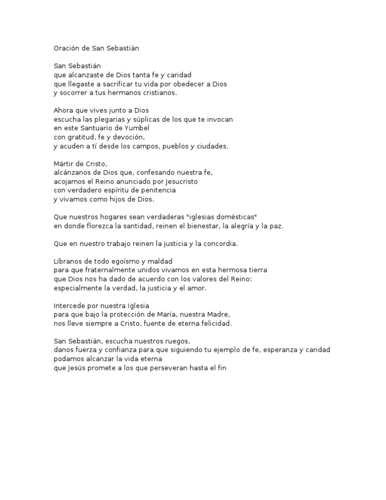 Oración de San Sebastián de Yumbel Oración Fe