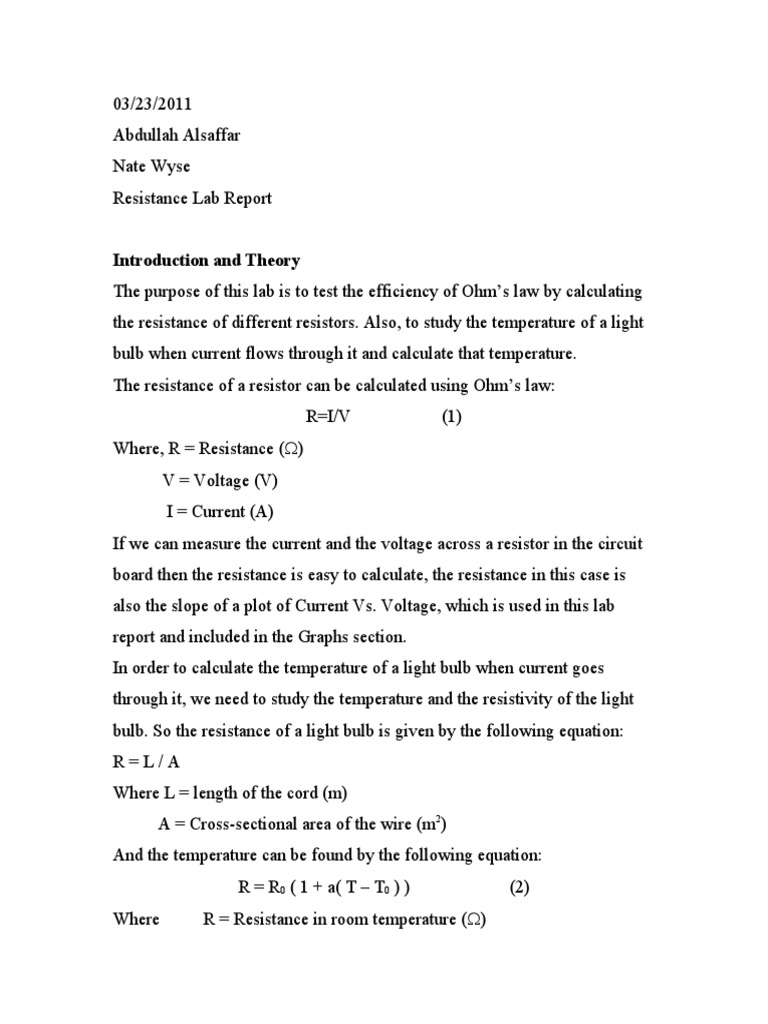 Resistance Lab Report