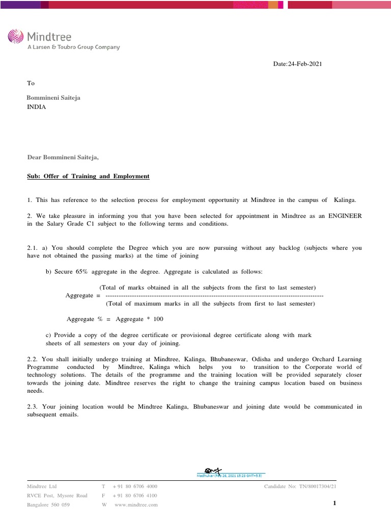 Mindtree - Bommineni Saiteja 19-20 | PDF | Confidentiality | Employment