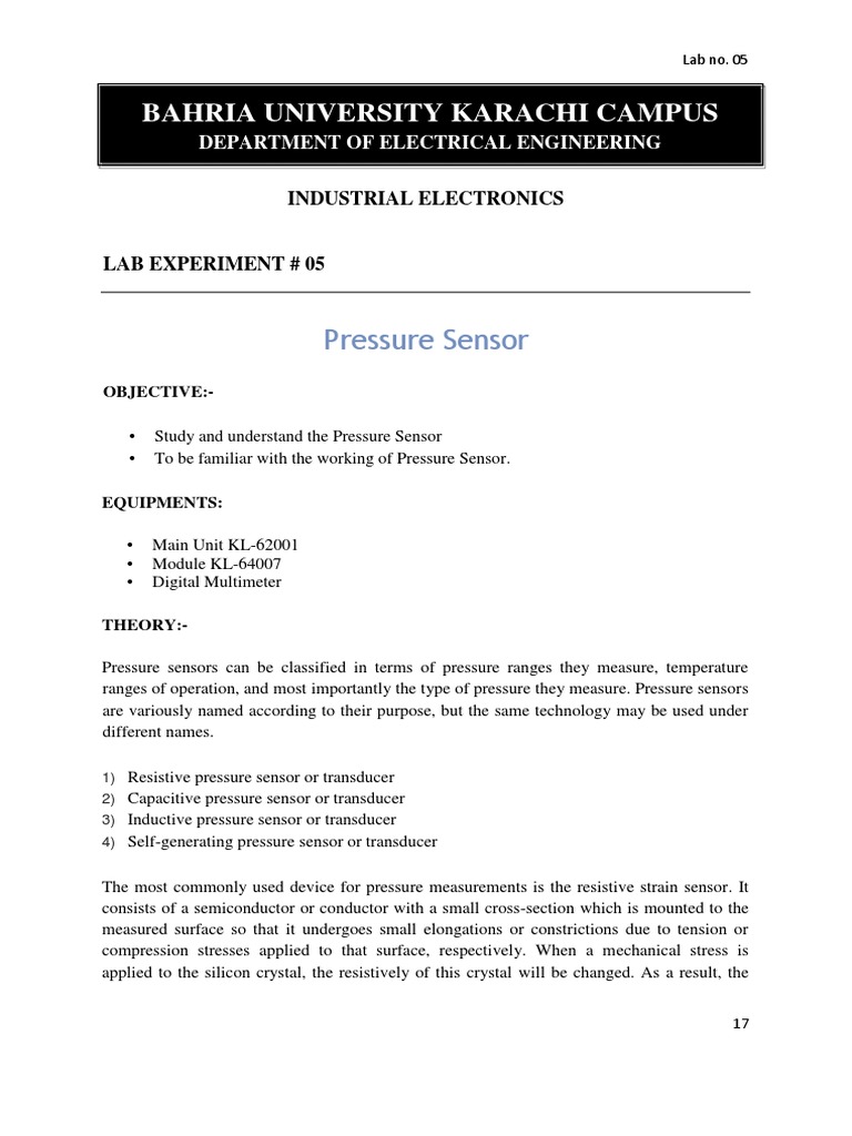 Pressure Sensor Lab Experiment | PDF | Sensor | Semiconductors