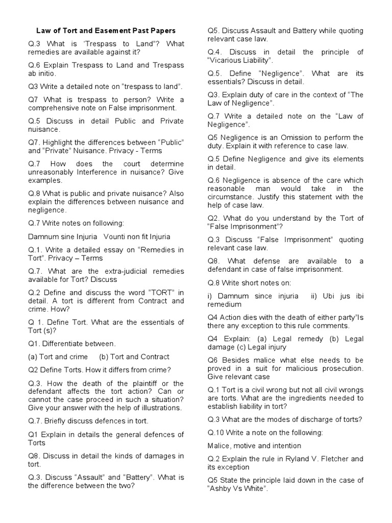Law of Tort and Easement Past Papers | PDF | Trespass | Tort