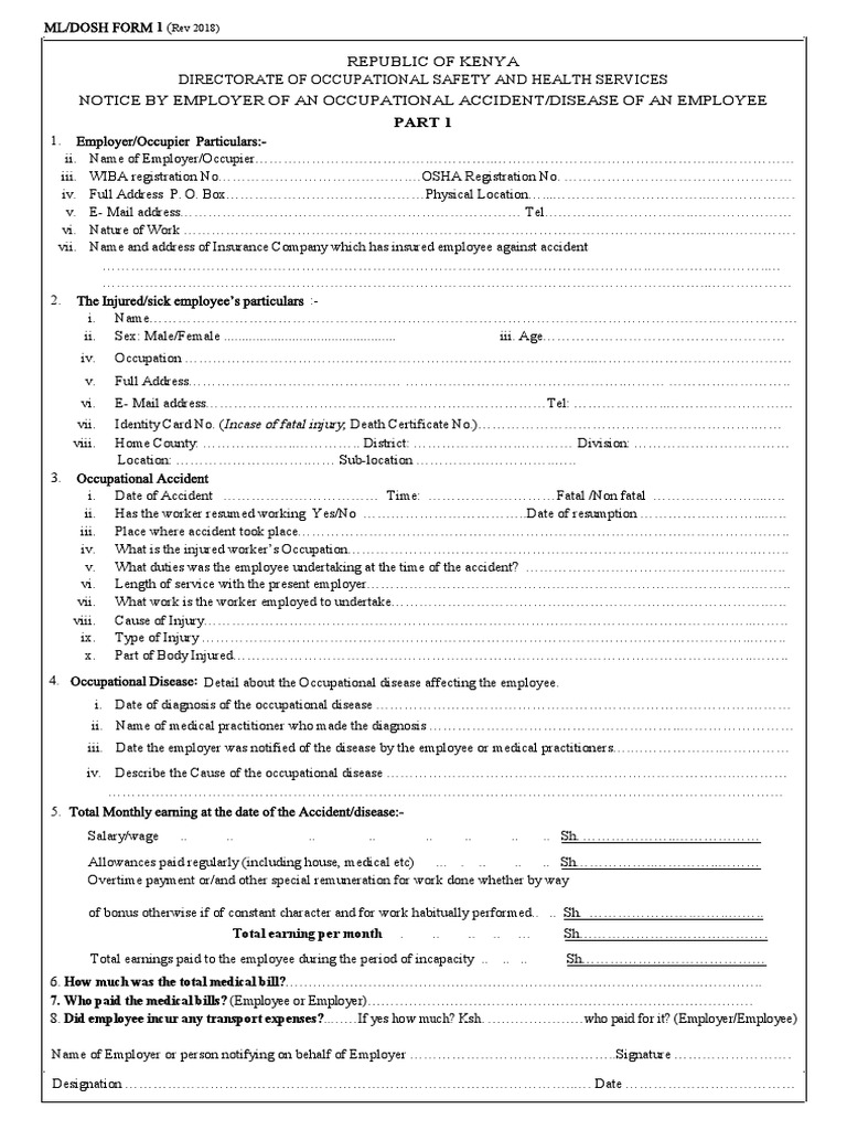 DOSH Form 1: Accident Notification Kenya | PDF | Patient | Employment