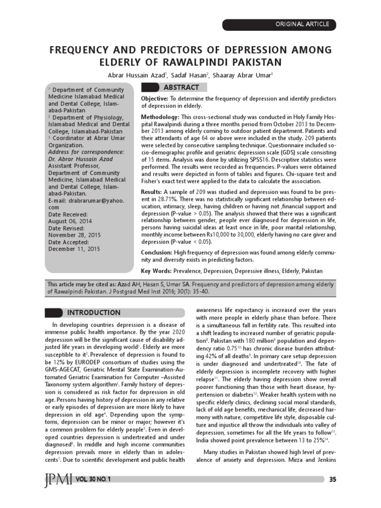 Depression in Elderly of Rawalpindi | PDF | Major Depressive Disorder ...