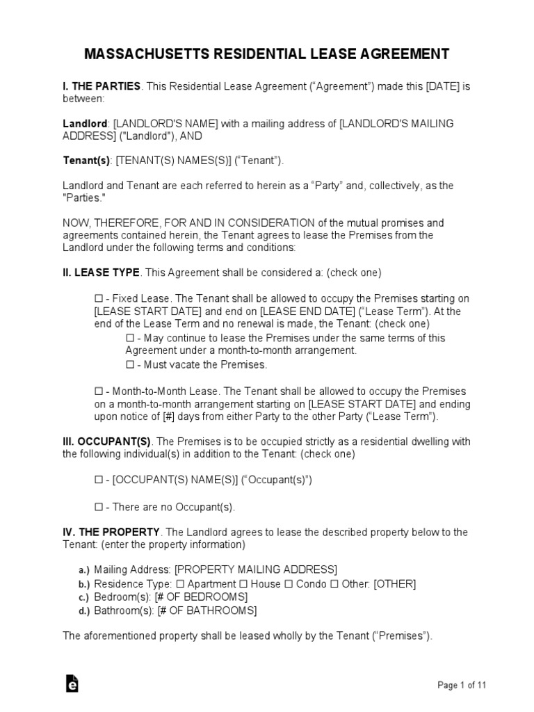 Massachusetts Standard Residential Lease Agreement Template PDF