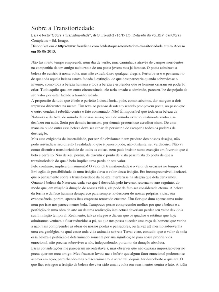 FREUD, Sigmund. Sobre A Transitoriedade | PDF | Beleza | Amor