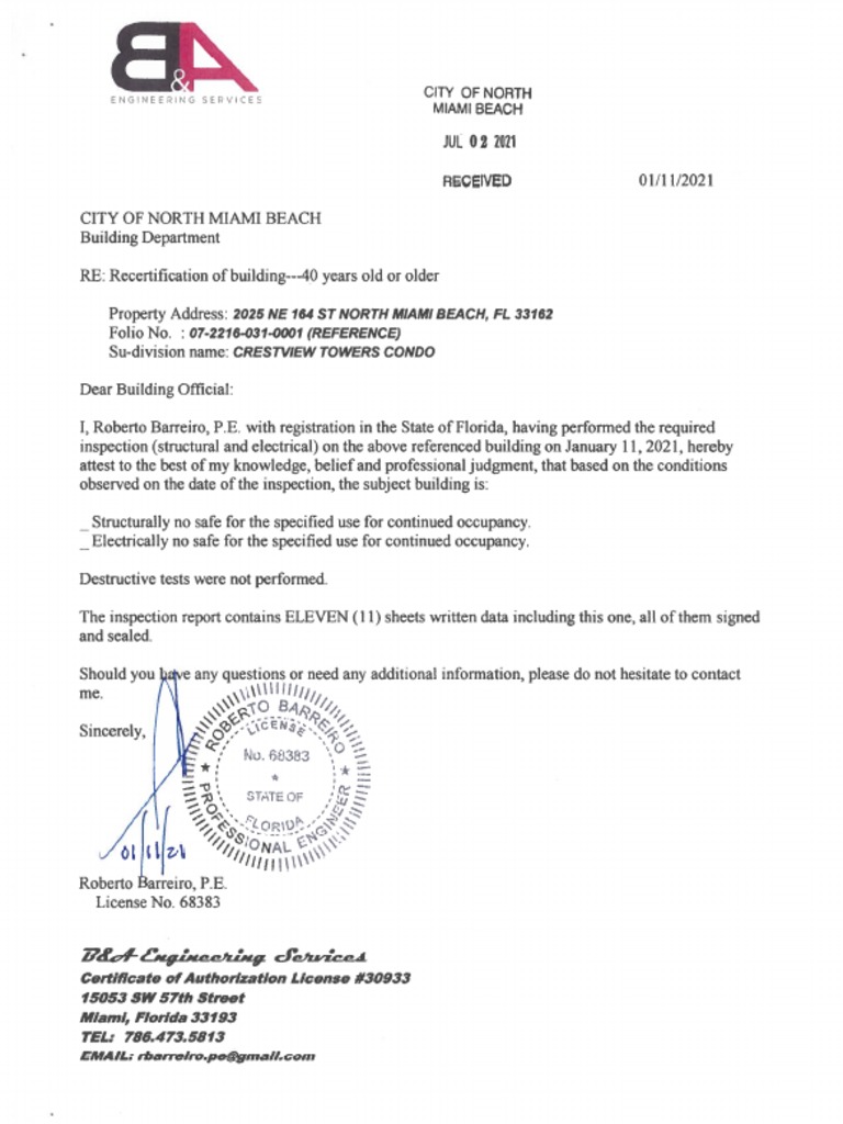 Recertification of Building-Crestview Towers Condo, 2025 NE 164 Street ...